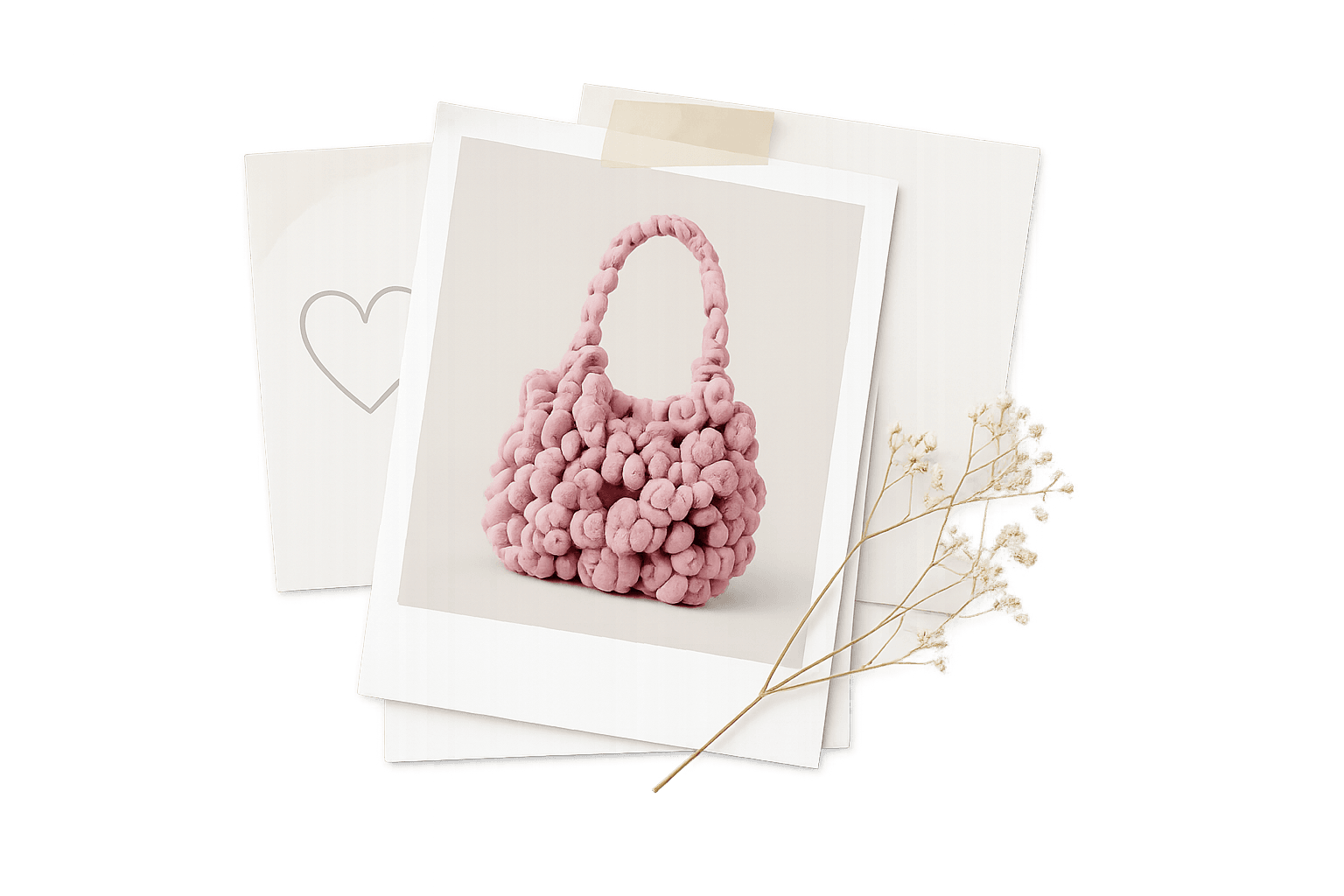 Pink handmade crochet bag on a soft paper collage